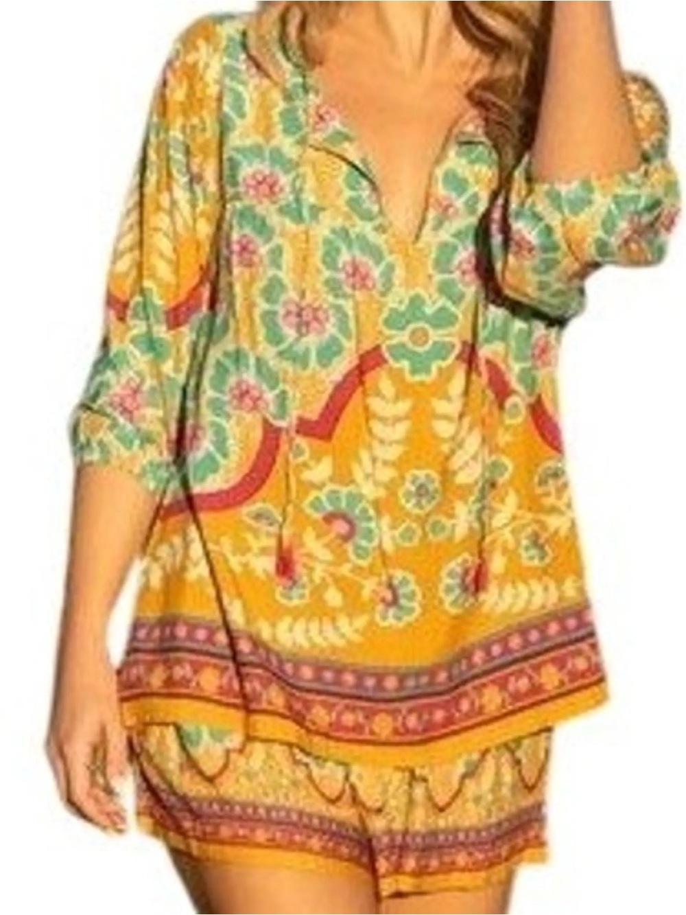 NATURAL LIFE Yellow Floral Boho Tunic with Teal and Pink Accents EUC